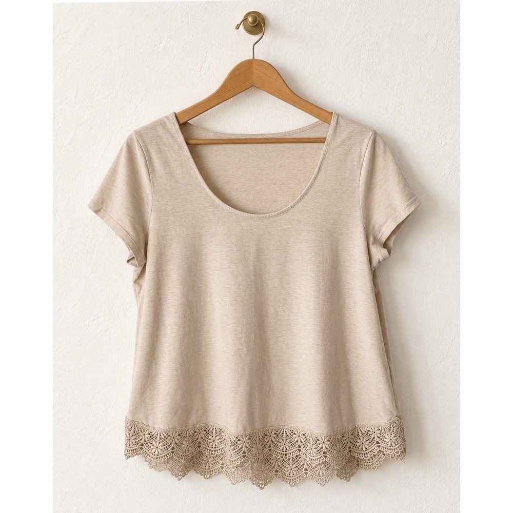Gap Lace Trim Tee Women Medium Pink Beige Hemp Cotton Crochet Short Sleeve Top
